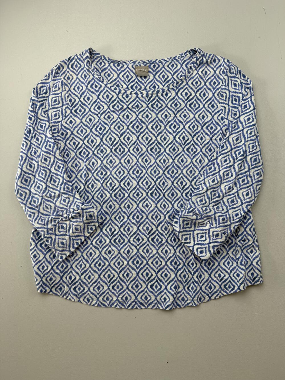 Chico's Shirt Womens M Blue Scoop Neck Long Roll Tab Sleeve Jersey Top